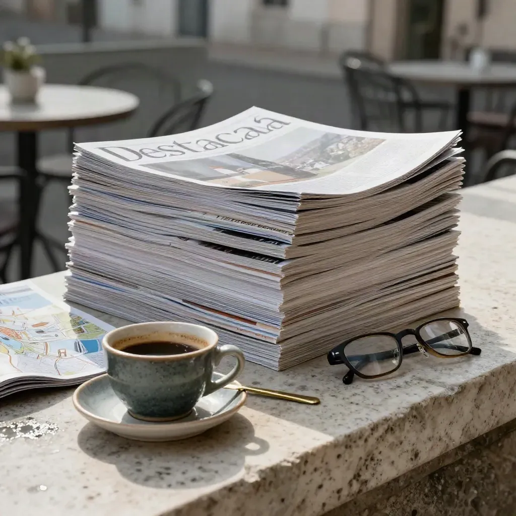 Revistas, mapa, taza y gafas sobre piedra mojada con luz de tarde.