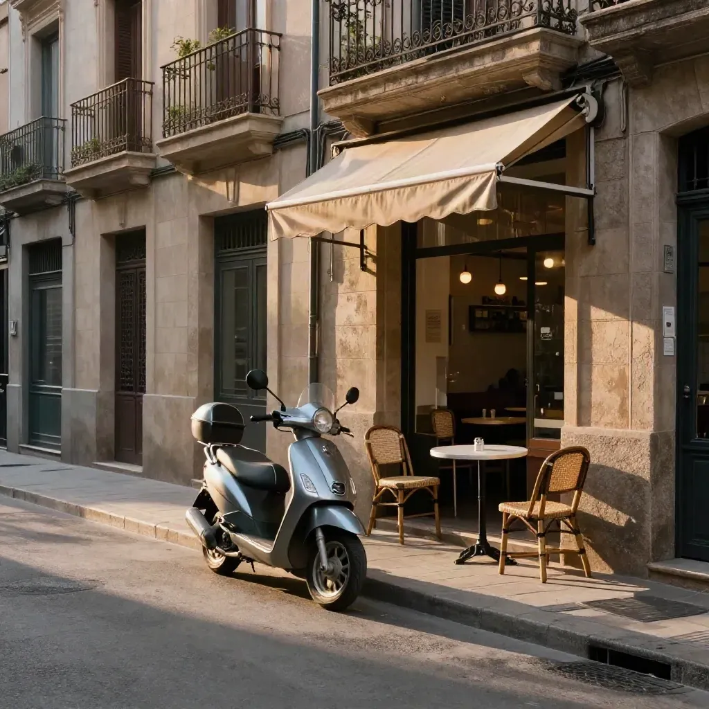 Calle tranquila de Barcelona al atardecer, con scooter aparcado y café en sombra.