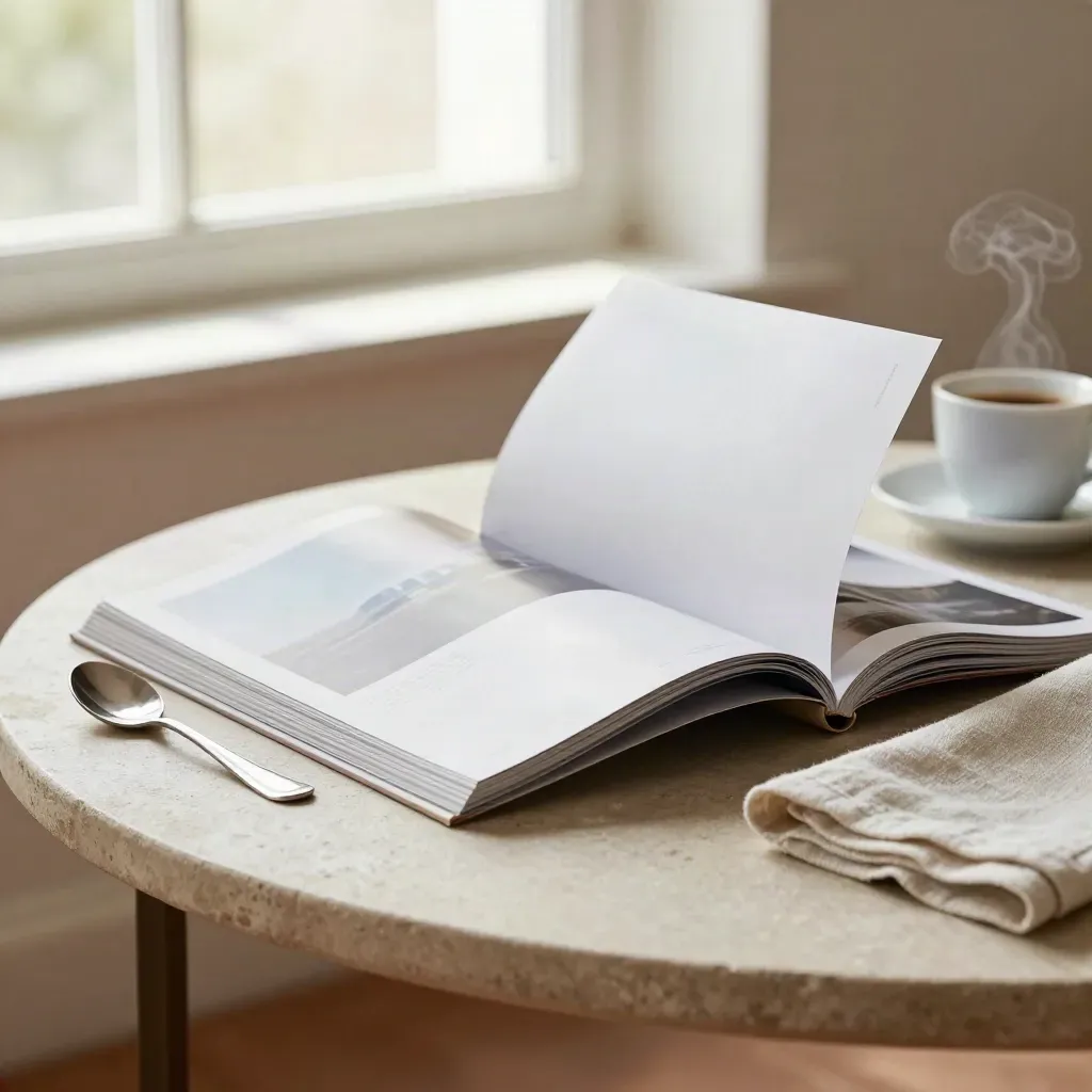 Revista reabierta sobre una mesa junto a la ventana con vapor de café y luz suave.